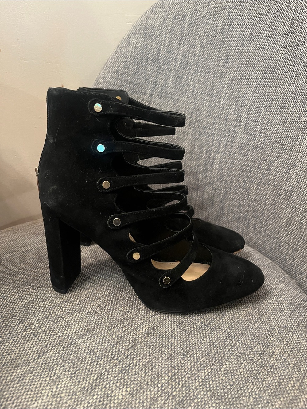 Vince Camuto Black Suede Multi-Strap Block Heel Pumps